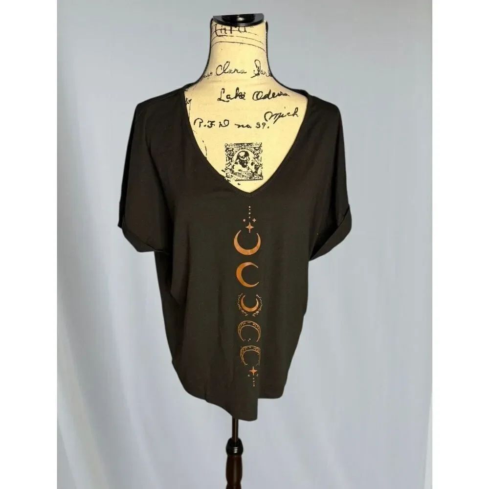 Shein Women's Size XL Back to the Stars Black Deep V Neck Shirt Top